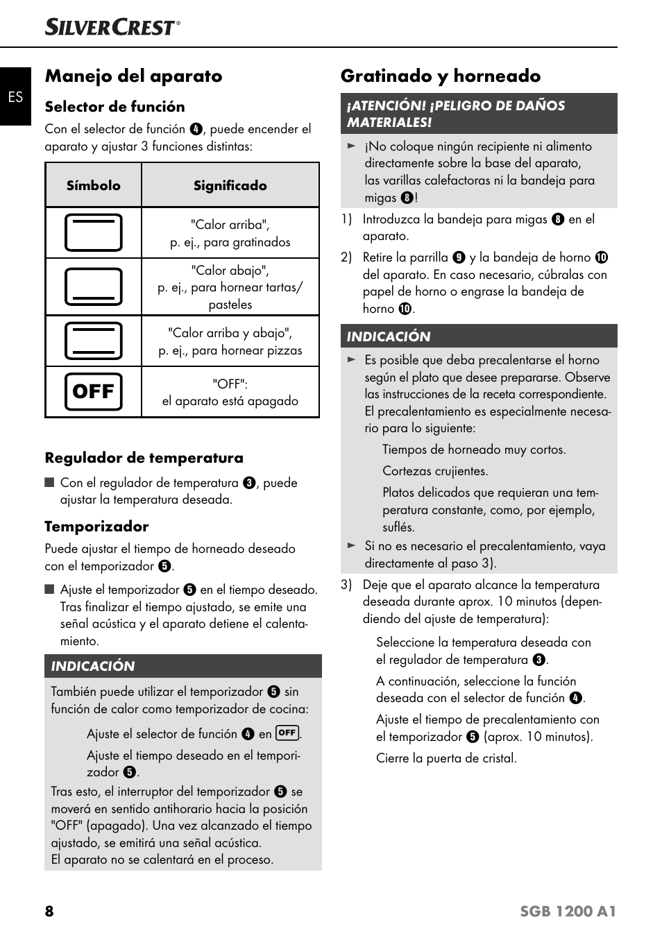 Manejo del aparato, Gratinado y horneado | Silvercrest SGB 1200 A1 User Manual | Page 11 / 83