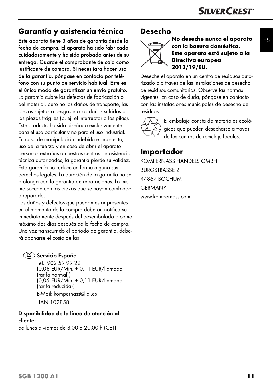Garantía y asistencia técnica, Desecho, Importador | Silvercrest SGB 1200 A1 User Manual | Page 14 / 83