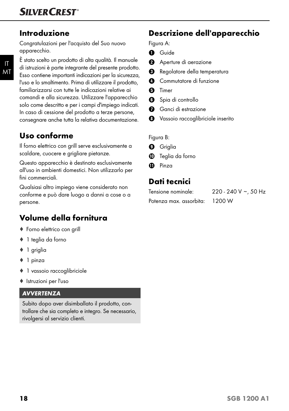 Introduzione, Uso conforme, Volume della fornitura | Descrizione dell'apparecchio, Dati tecnici | Silvercrest SGB 1200 A1 User Manual | Page 21 / 83