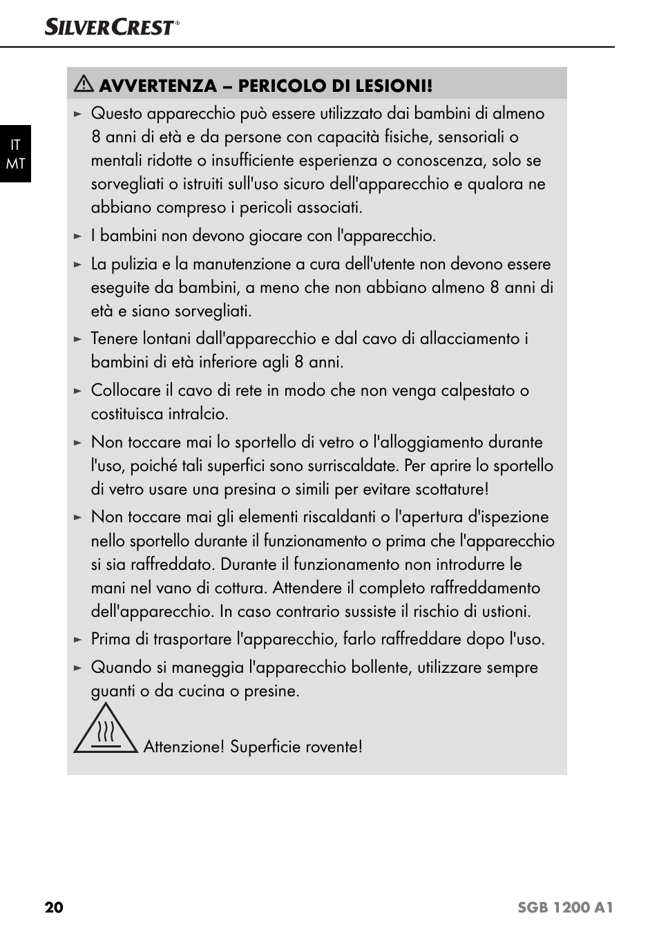 Avvertenza – pericolo di lesioni, I bambini non devono giocare con l'apparecchio | Silvercrest SGB 1200 A1 User Manual | Page 23 / 83