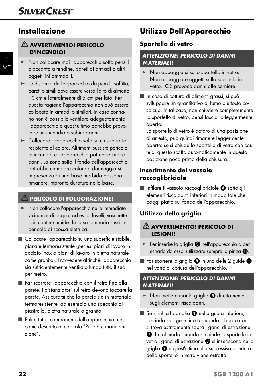 Installazione, Utilizzo dell'apparecchio | Silvercrest SGB 1200 A1 User Manual | Page 25 / 83