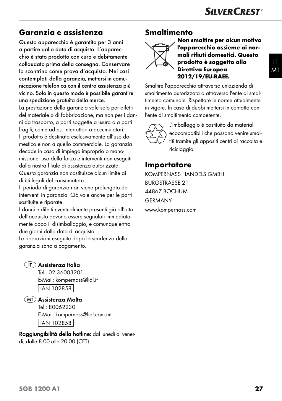Garanzia e assistenza, Smaltimento, Importatore | Silvercrest SGB 1200 A1 User Manual | Page 30 / 83