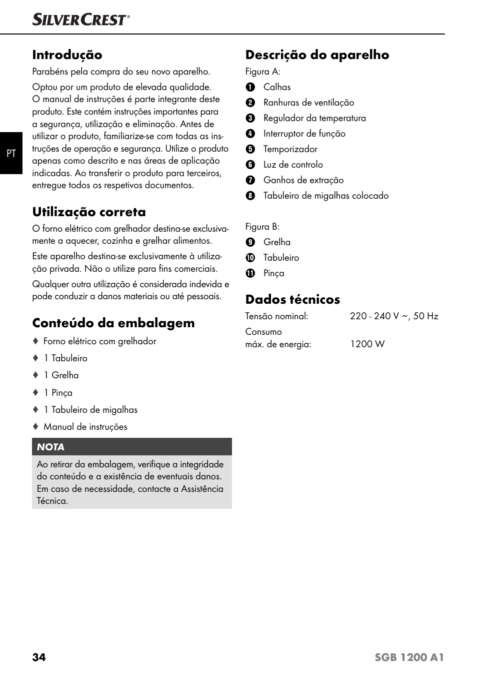 Introdução, Utilização correta, Conteúdo da embalagem | Descrição do aparelho, Dados técnicos | Silvercrest SGB 1200 A1 User Manual | Page 37 / 83