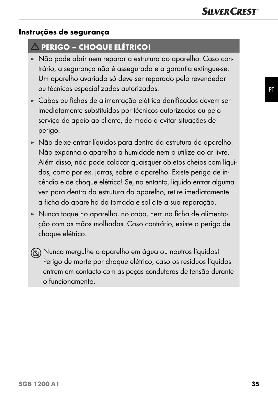Instruções de segurança perigo – choque elétrico | Silvercrest SGB 1200 A1 User Manual | Page 38 / 83