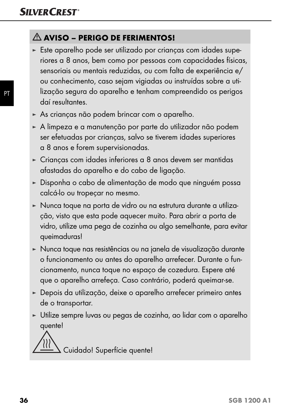 Aviso – perigo de ferimentos, As crianças não podem brincar com o aparelho | Silvercrest SGB 1200 A1 User Manual | Page 39 / 83