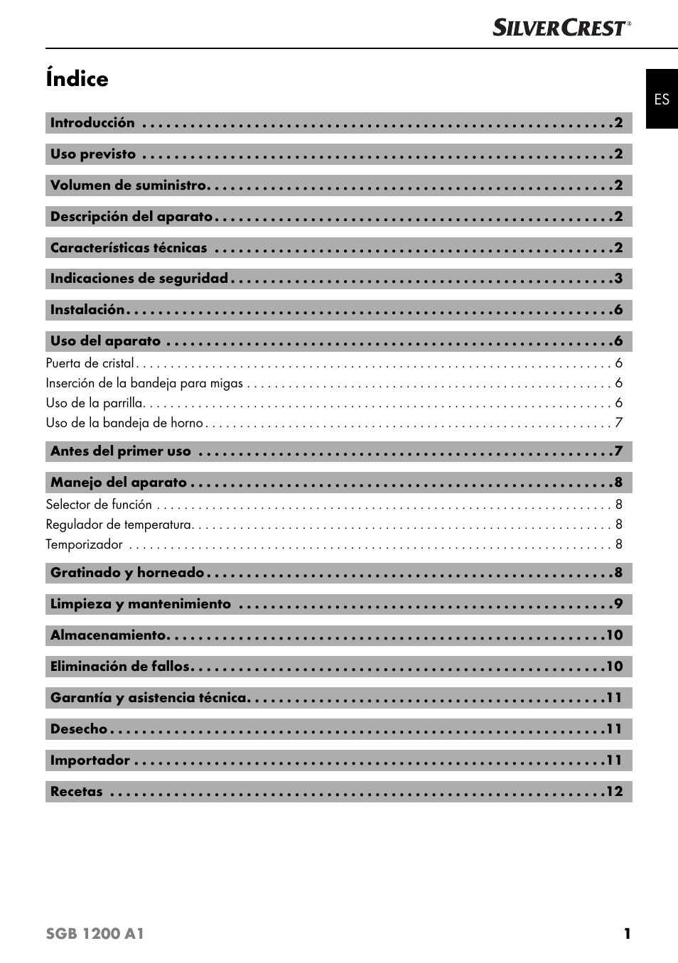 Índice | Silvercrest SGB 1200 A1 User Manual | Page 4 / 83