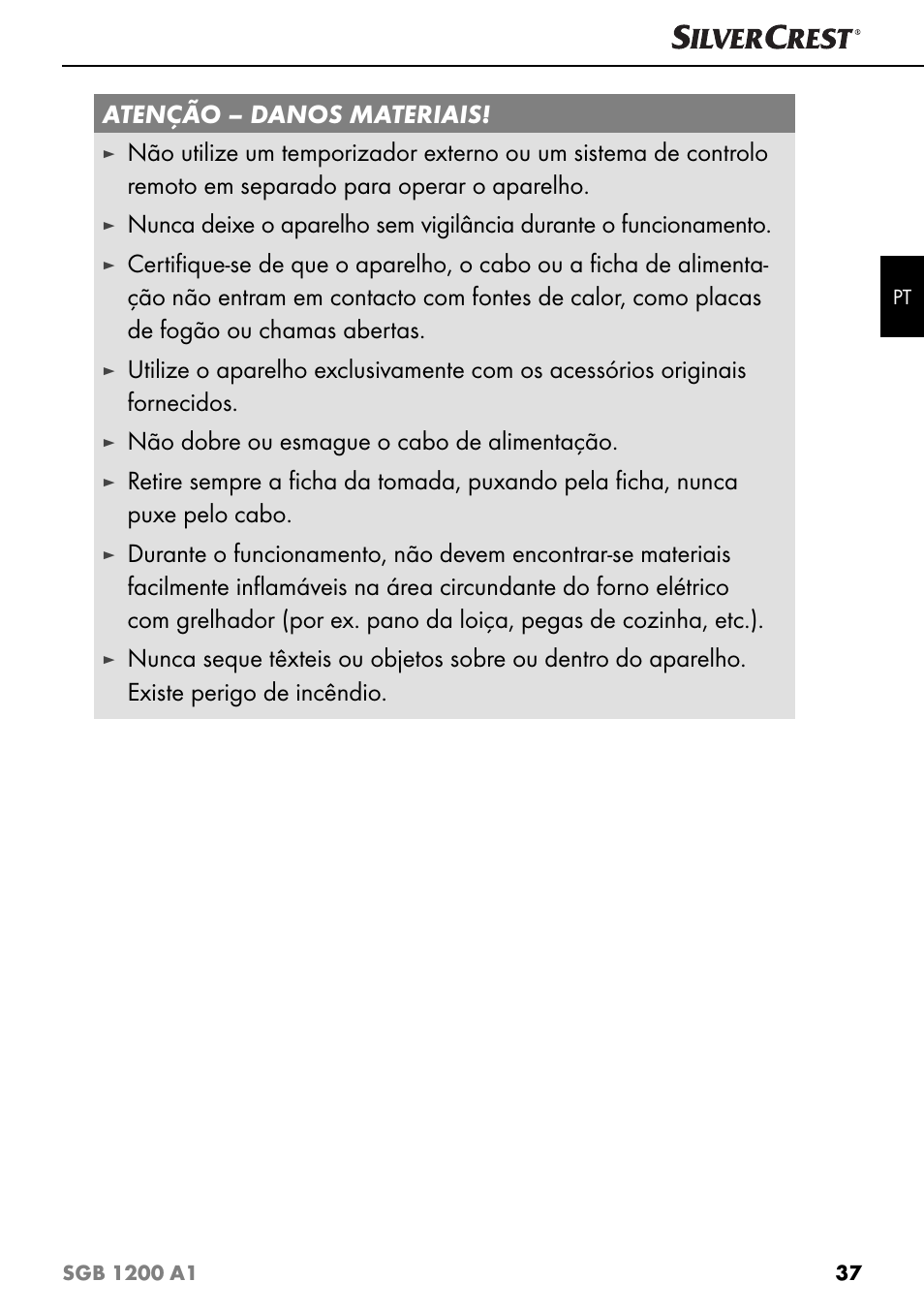 Atenção – danos materiais, Não dobre ou esmague o cabo de alimentação | Silvercrest SGB 1200 A1 User Manual | Page 40 / 83