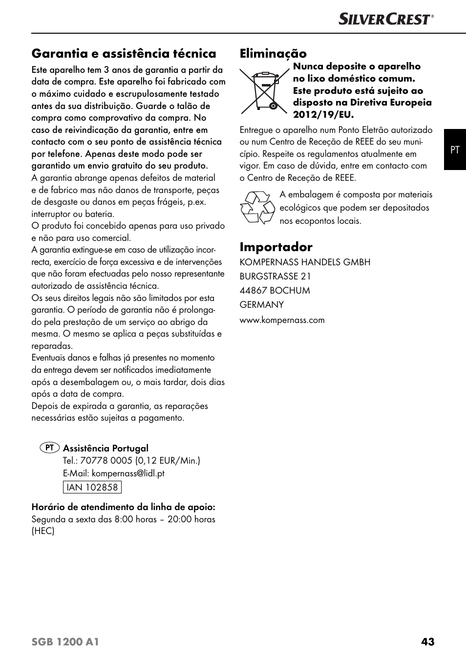 Garantia e assistência técnica, Eliminação, Importador | Silvercrest SGB 1200 A1 User Manual | Page 46 / 83