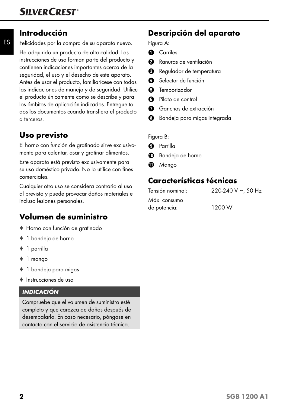 Introducción, Uso previsto, Volumen de suministro | Descripción del aparato, Características técnicas | Silvercrest SGB 1200 A1 User Manual | Page 5 / 83