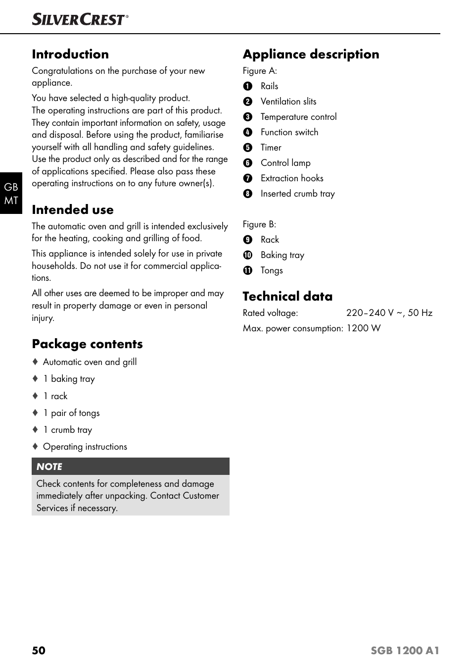 Introduction, Intended use, Package contents | Appliance description, Technical data | Silvercrest SGB 1200 A1 User Manual | Page 53 / 83