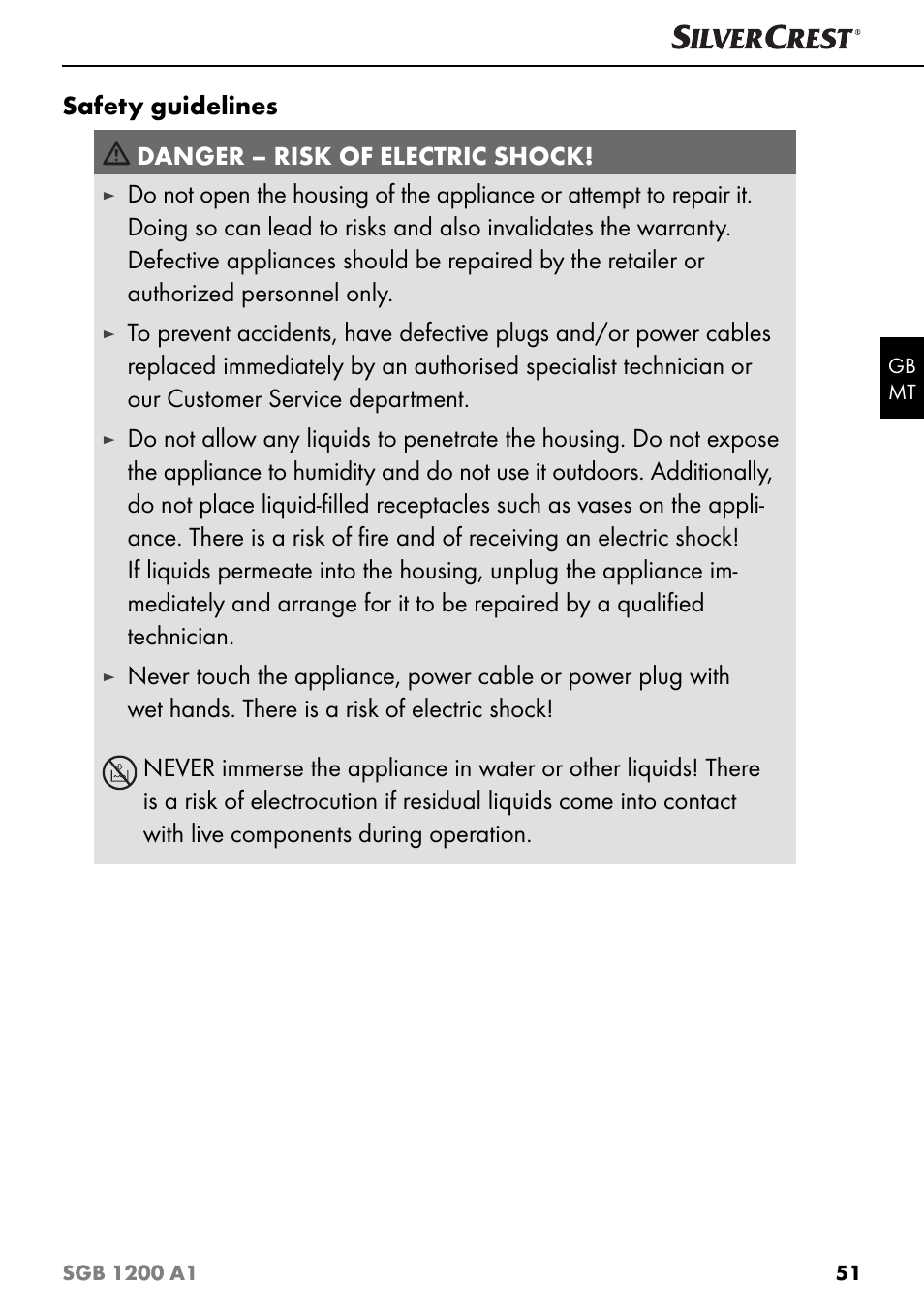 Safety guidelines danger – risk of electric shock | Silvercrest SGB 1200 A1 User Manual | Page 54 / 83