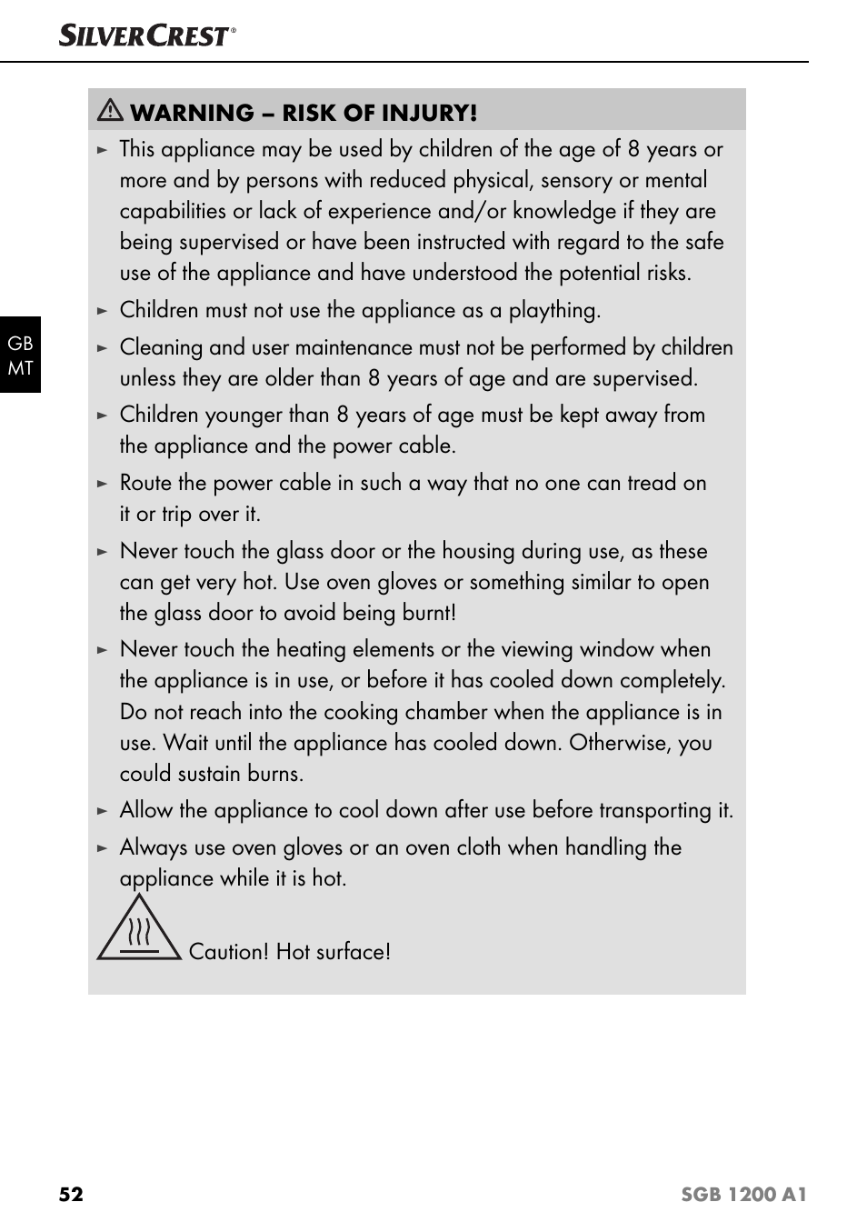 Warning – risk of injury, Children must not use the appliance as a plaything | Silvercrest SGB 1200 A1 User Manual | Page 55 / 83
