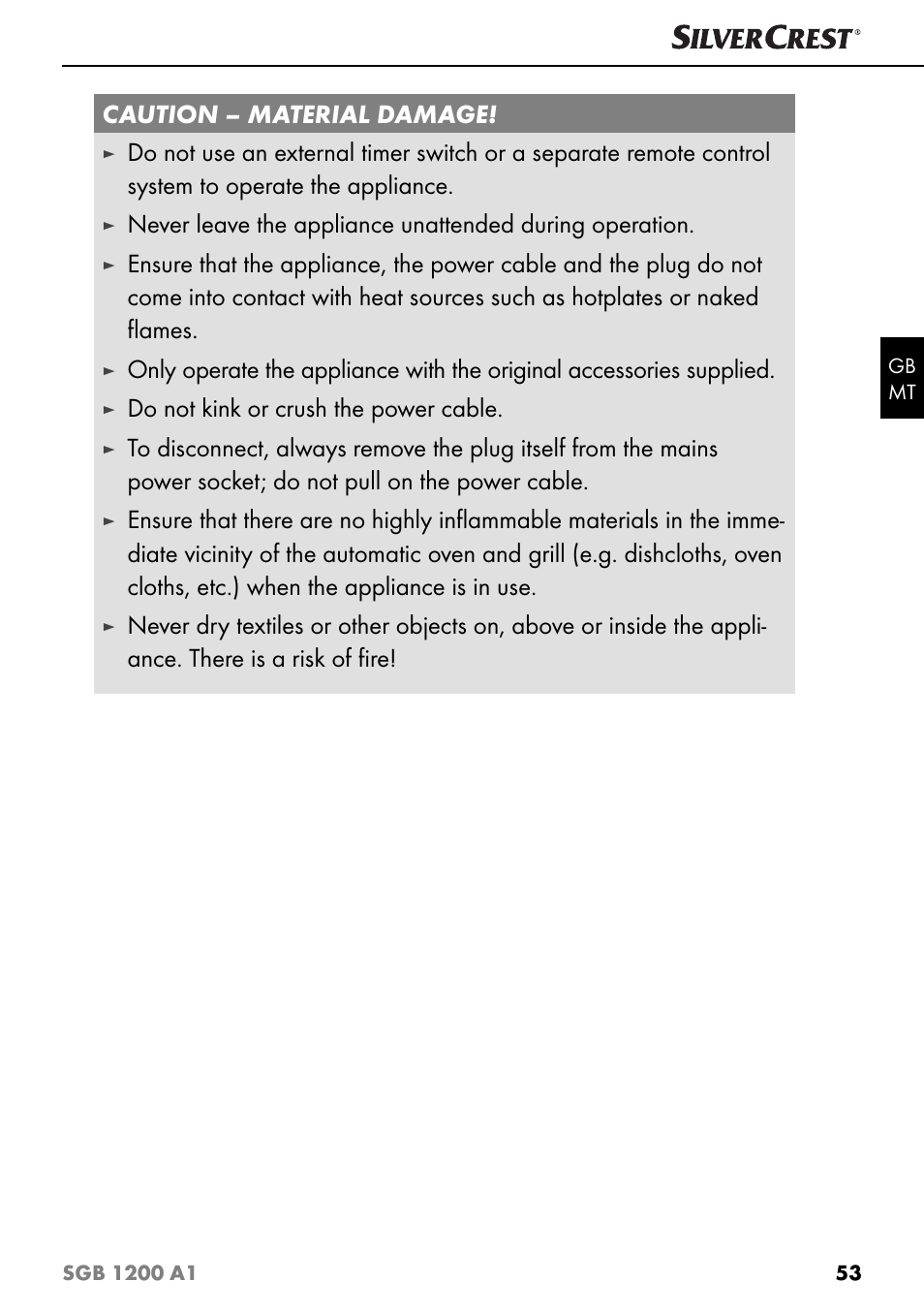 Caution – material damage, Do not kink or crush the power cable | Silvercrest SGB 1200 A1 User Manual | Page 56 / 83