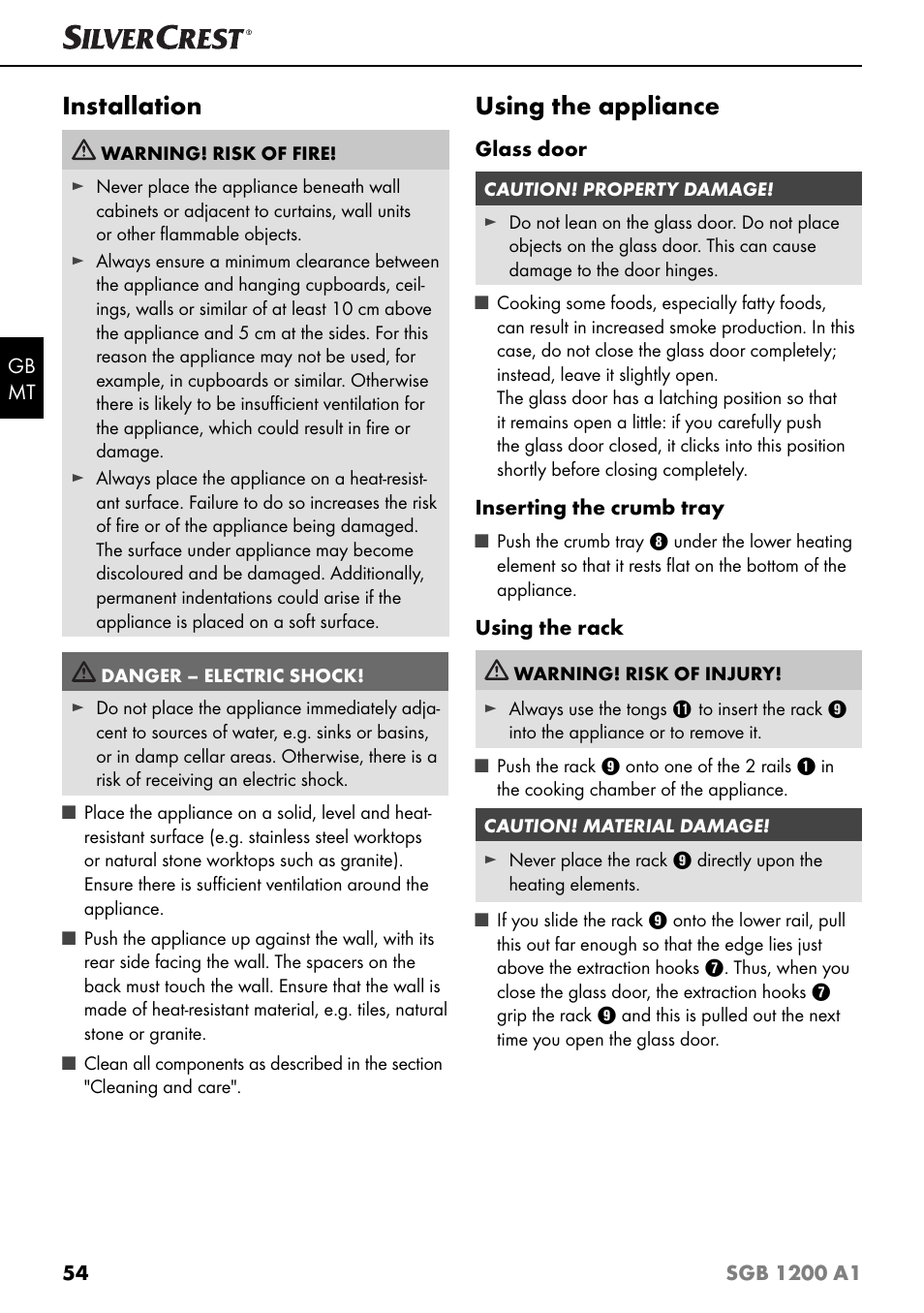 Installation, Using the appliance | Silvercrest SGB 1200 A1 User Manual | Page 57 / 83
