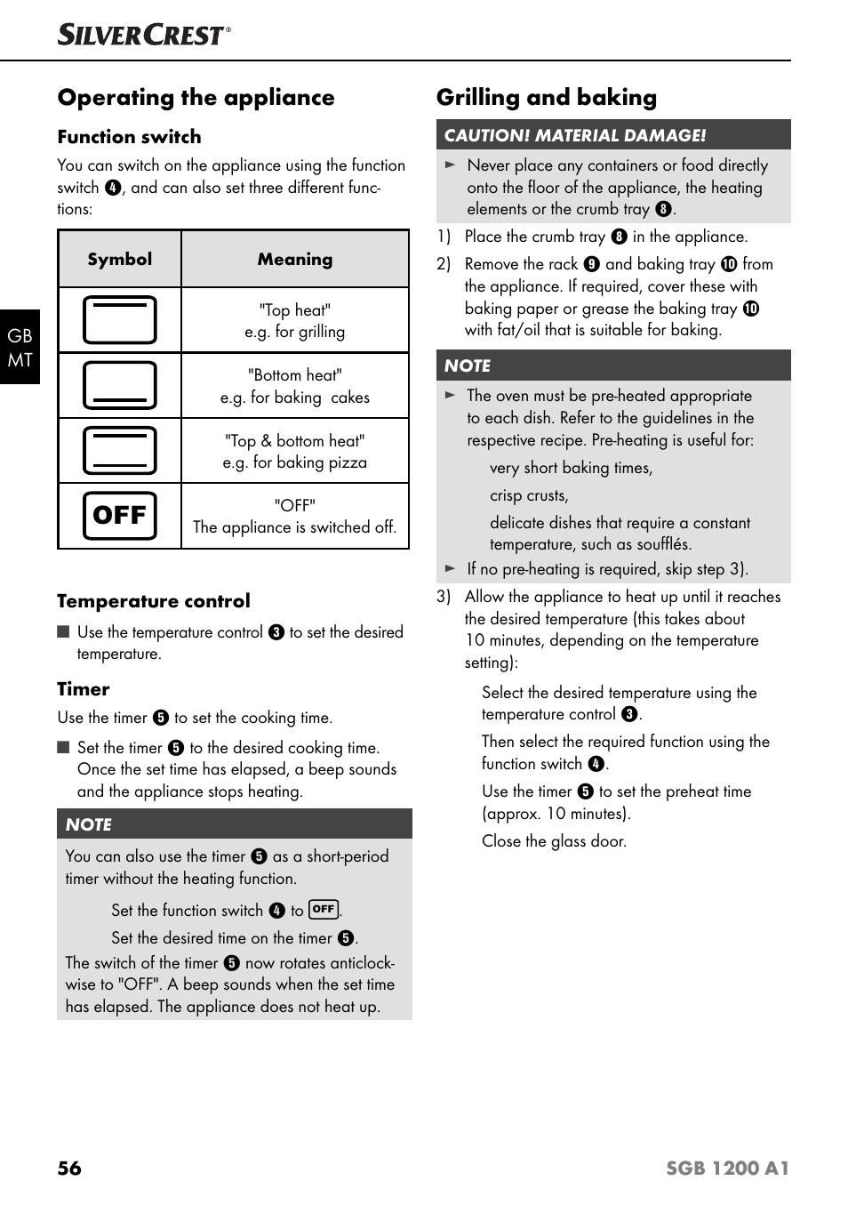 Operating the appliance, Grilling and baking | Silvercrest SGB 1200 A1 User Manual | Page 59 / 83