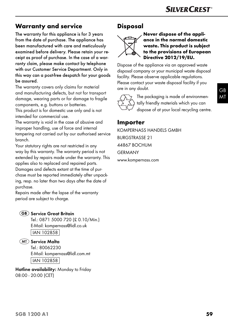 Warranty and service, Disposal, Importer | Silvercrest SGB 1200 A1 User Manual | Page 62 / 83