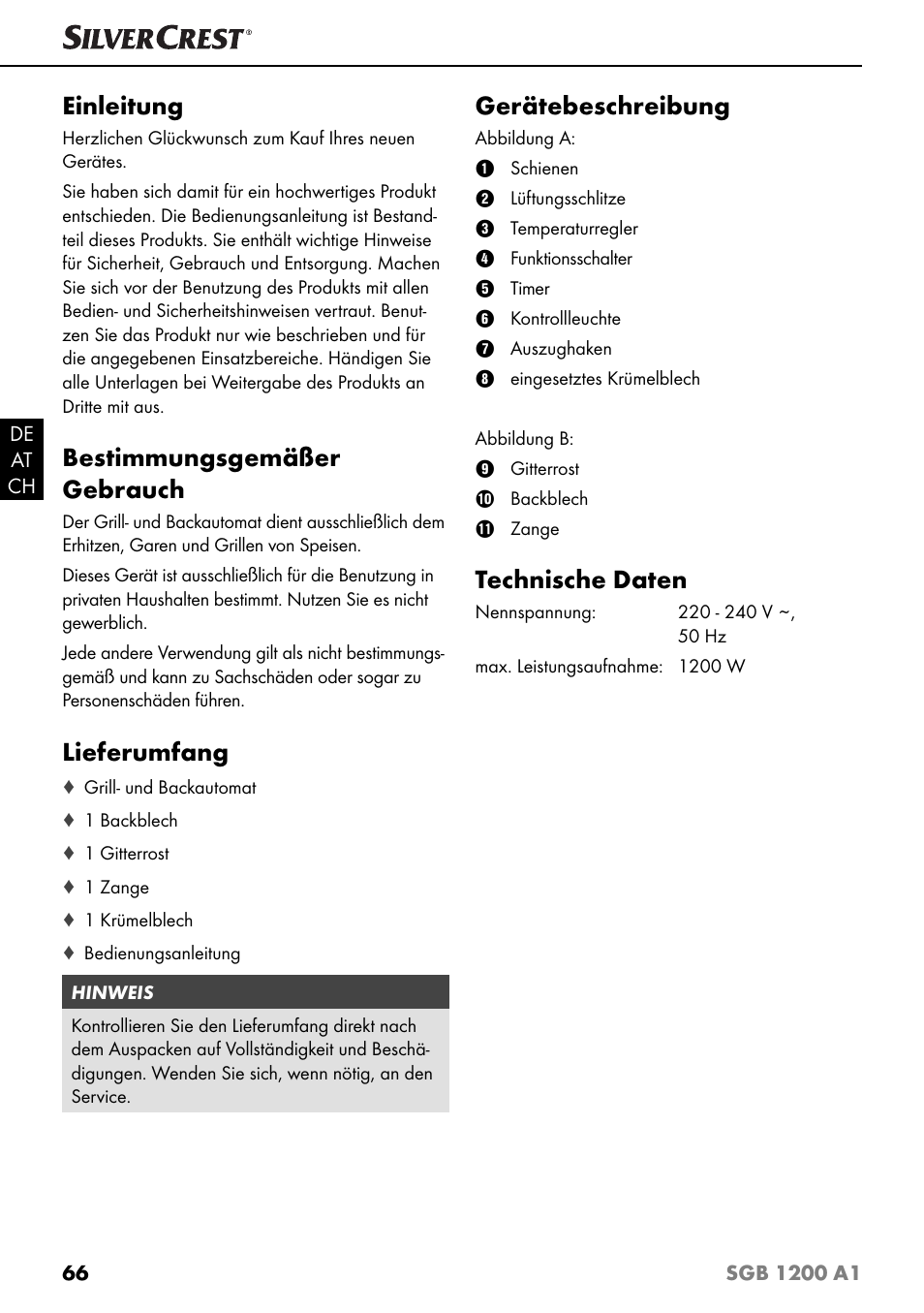 Einleitung, Bestimmungsgemäßer gebrauch, Lieferumfang | Gerätebeschreibung, Technische daten | Silvercrest SGB 1200 A1 User Manual | Page 69 / 83