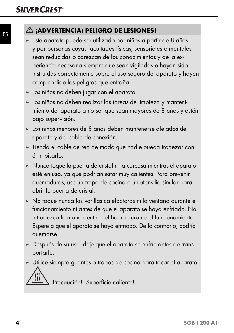 Advertencia: peligro de lesiones, Los niños no deben jugar con el aparato | Silvercrest SGB 1200 A1 User Manual | Page 7 / 83