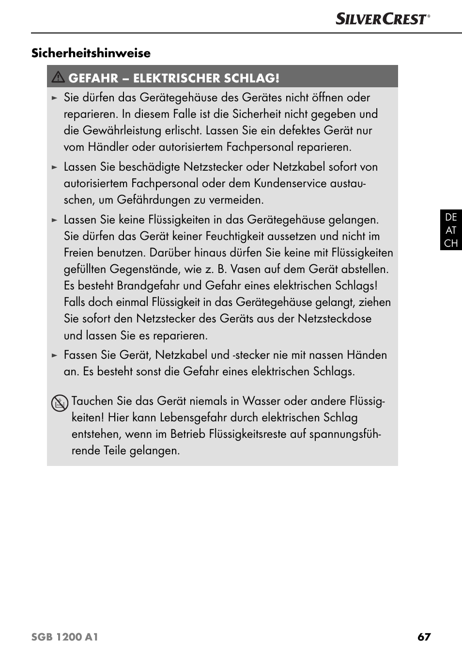 Sicherheitshinweise gefahr – elektrischer schlag | Silvercrest SGB 1200 A1 User Manual | Page 70 / 83