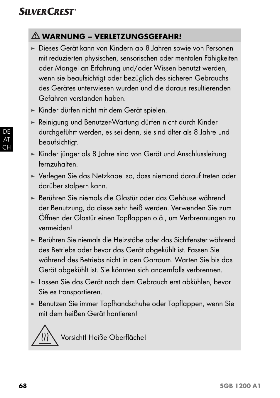 Warnung – verletzungsgefahr, Kinder dürfen nicht mit dem gerät spielen | Silvercrest SGB 1200 A1 User Manual | Page 71 / 83