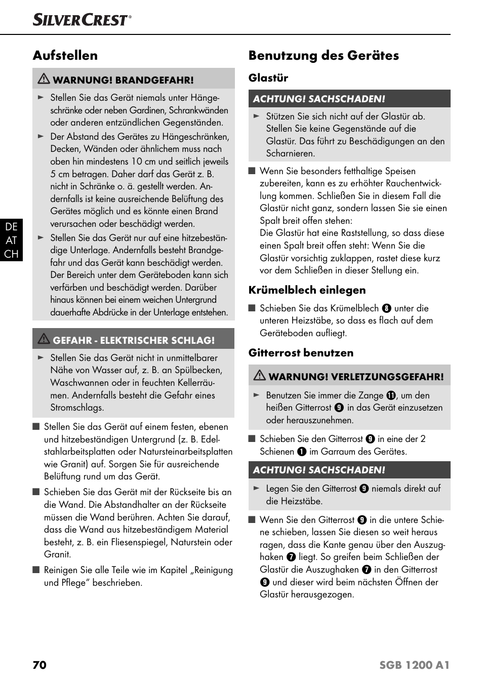 Aufstellen, Benutzung des gerätes | Silvercrest SGB 1200 A1 User Manual | Page 73 / 83