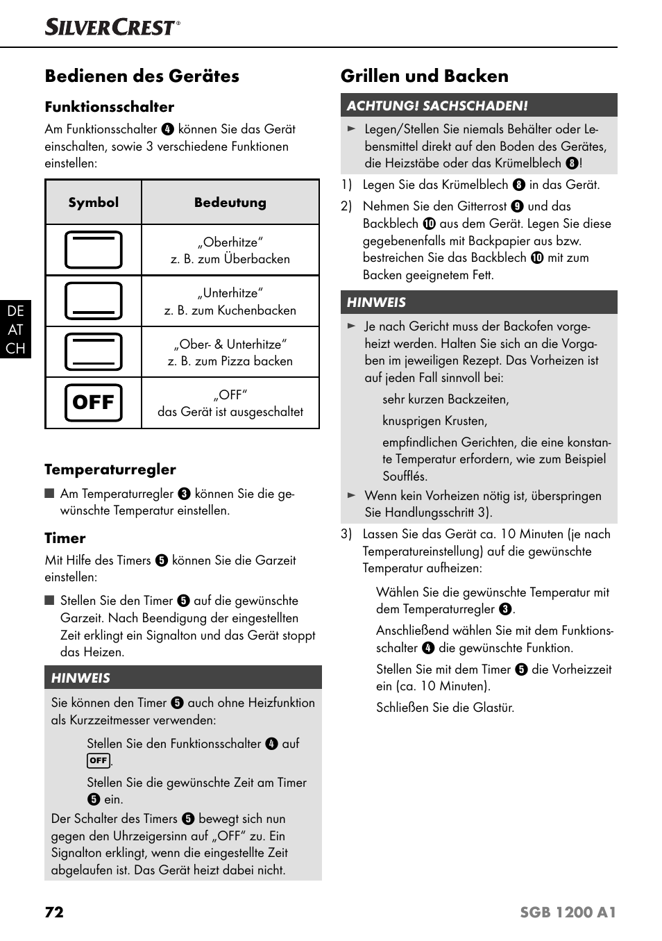 Bedienen des gerätes, Grillen und backen | Silvercrest SGB 1200 A1 User Manual | Page 75 / 83