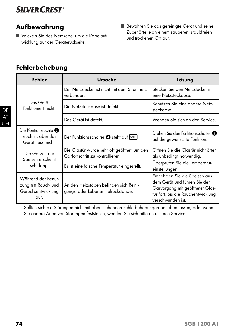 Aufbewahrung, Fehlerbehebung | Silvercrest SGB 1200 A1 User Manual | Page 77 / 83