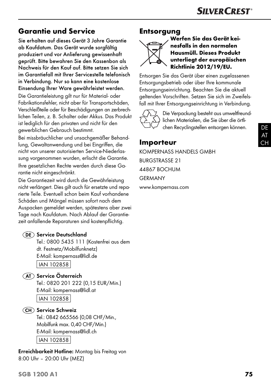 Garantie und service, Entsorgung, Importeur | Silvercrest SGB 1200 A1 User Manual | Page 78 / 83