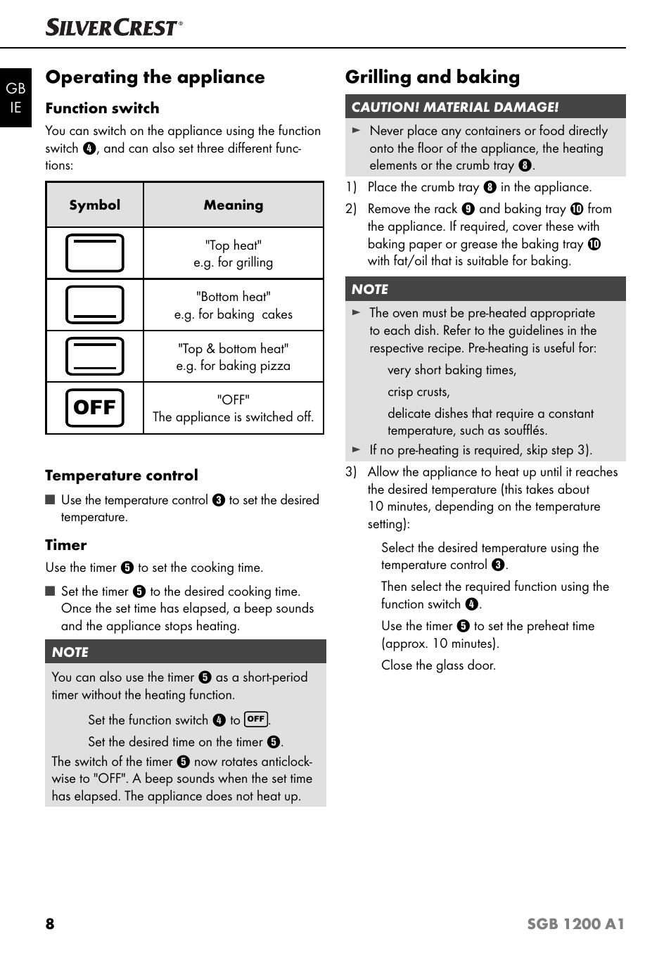 Operating the appliance, Grilling and baking | Silvercrest SGB 1200 A1 User Manual | Page 11 / 99