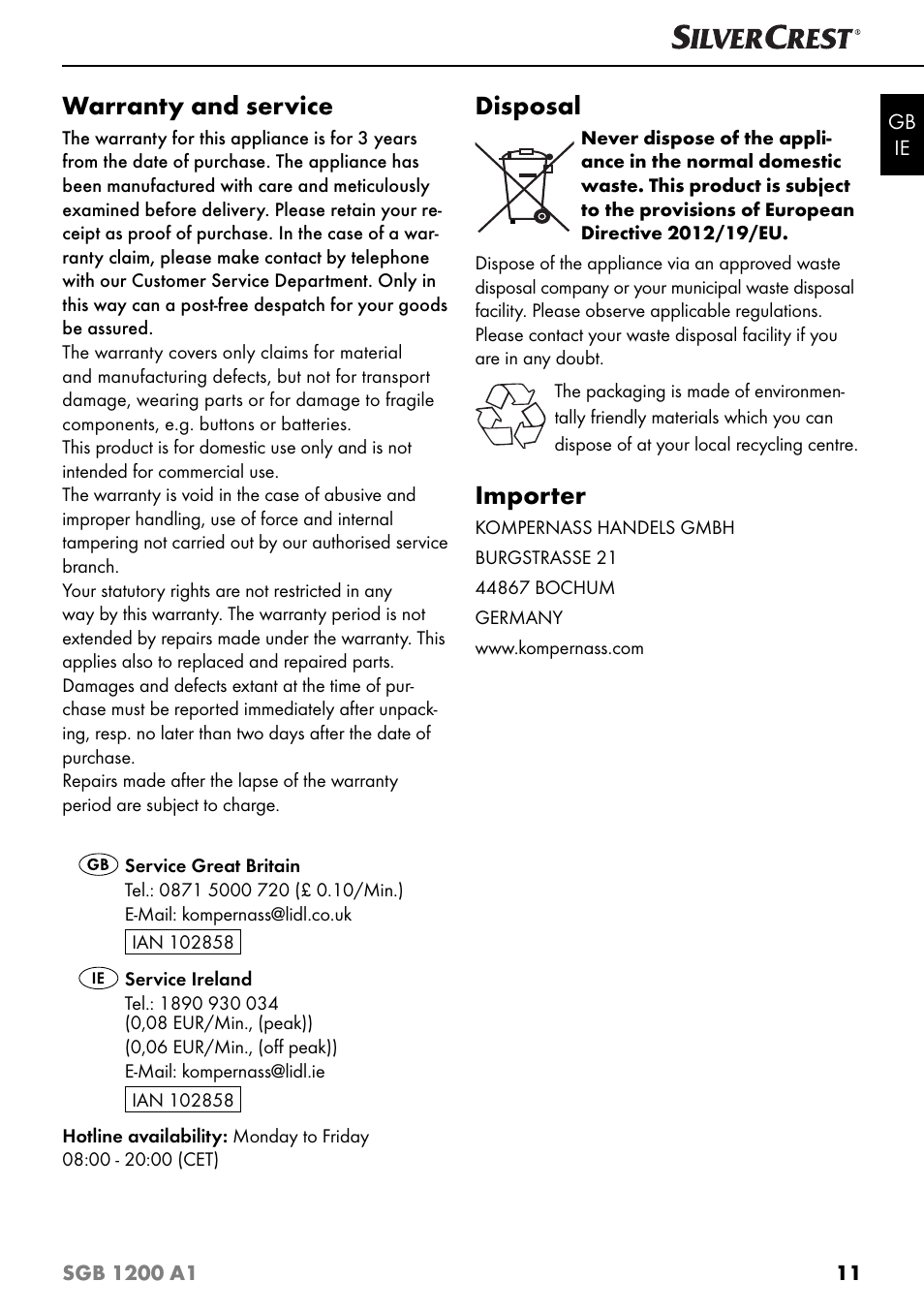 Warranty and service, Disposal, Importer | Silvercrest SGB 1200 A1 User Manual | Page 14 / 99