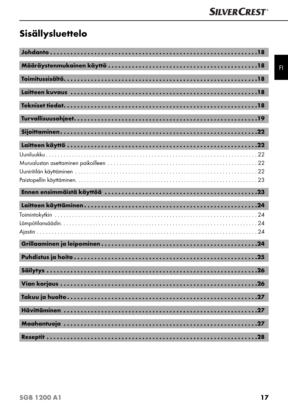 Sisällysluettelo | Silvercrest SGB 1200 A1 User Manual | Page 20 / 99