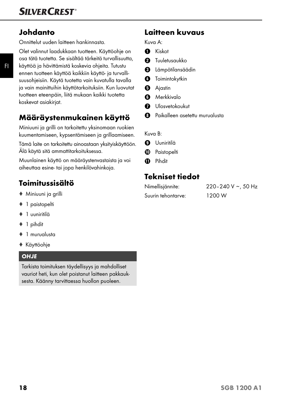 Johdanto, Määräystenmukainen käyttö, Toimitussisältö | Laitteen kuvaus, Tekniset tiedot | Silvercrest SGB 1200 A1 User Manual | Page 21 / 99