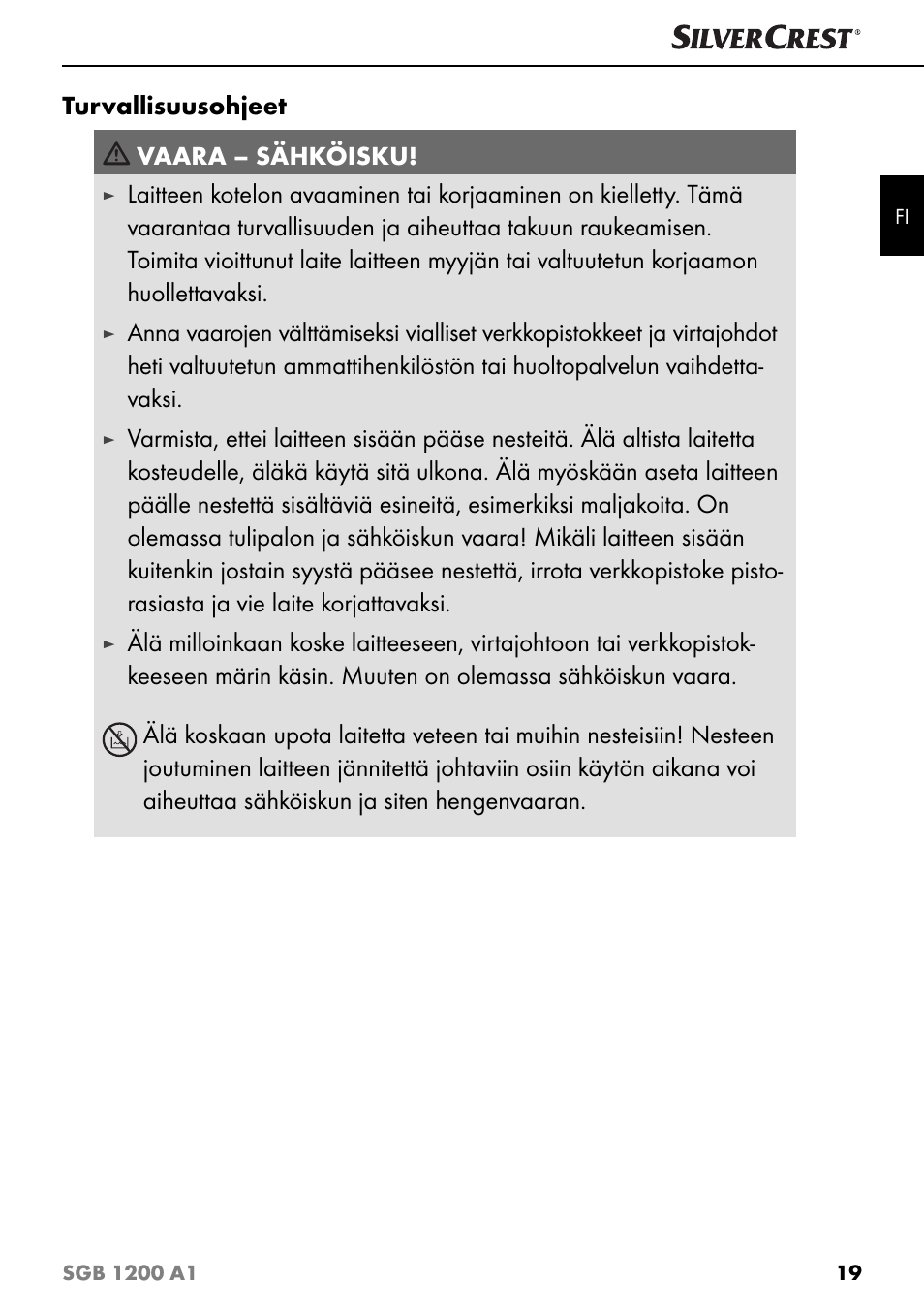 Turvallisuusohjeet vaara – sähköisku | Silvercrest SGB 1200 A1 User Manual | Page 22 / 99