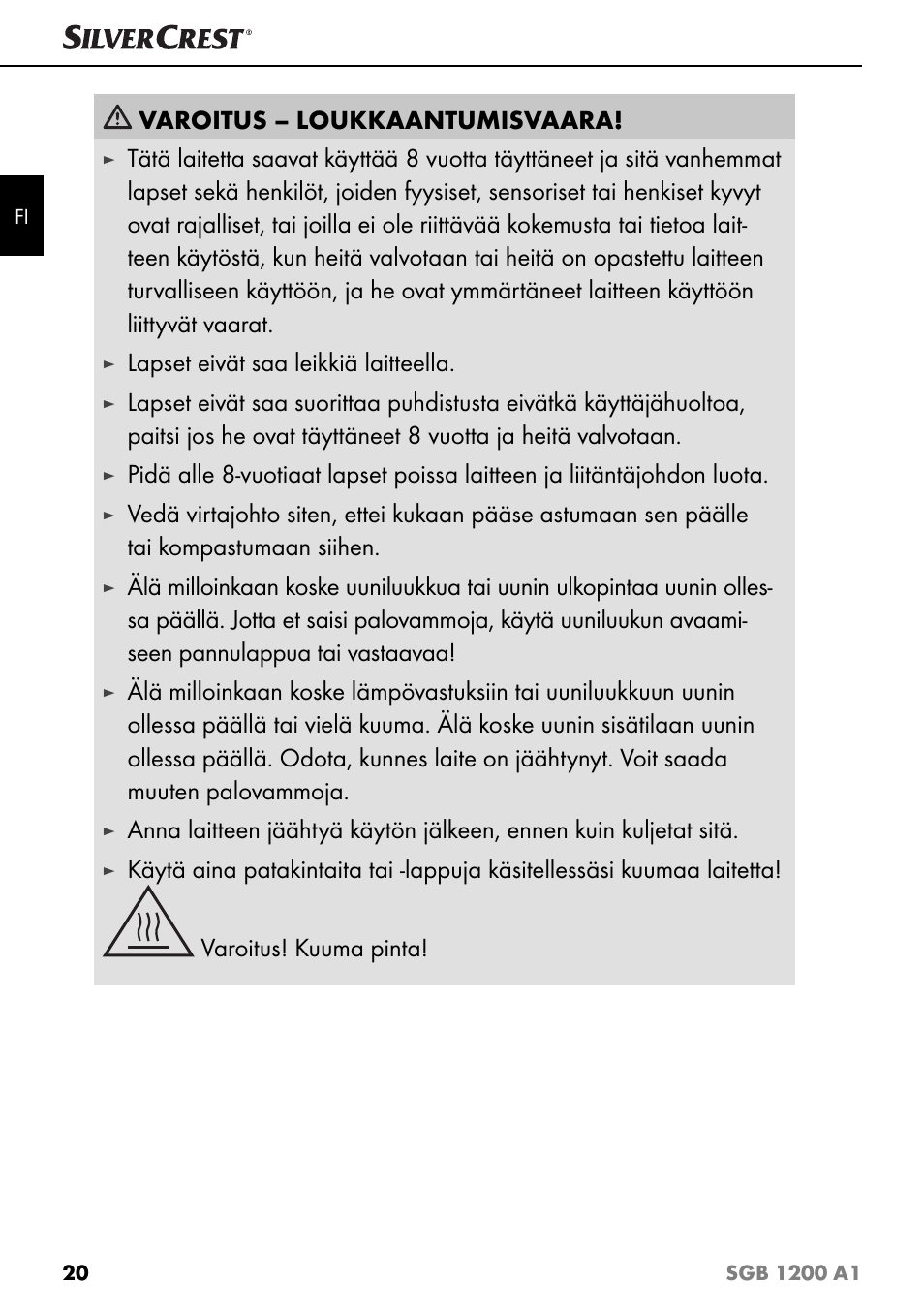 Varoitus – loukkaantumisvaara, Lapset eivät saa leikkiä laitteella | Silvercrest SGB 1200 A1 User Manual | Page 23 / 99