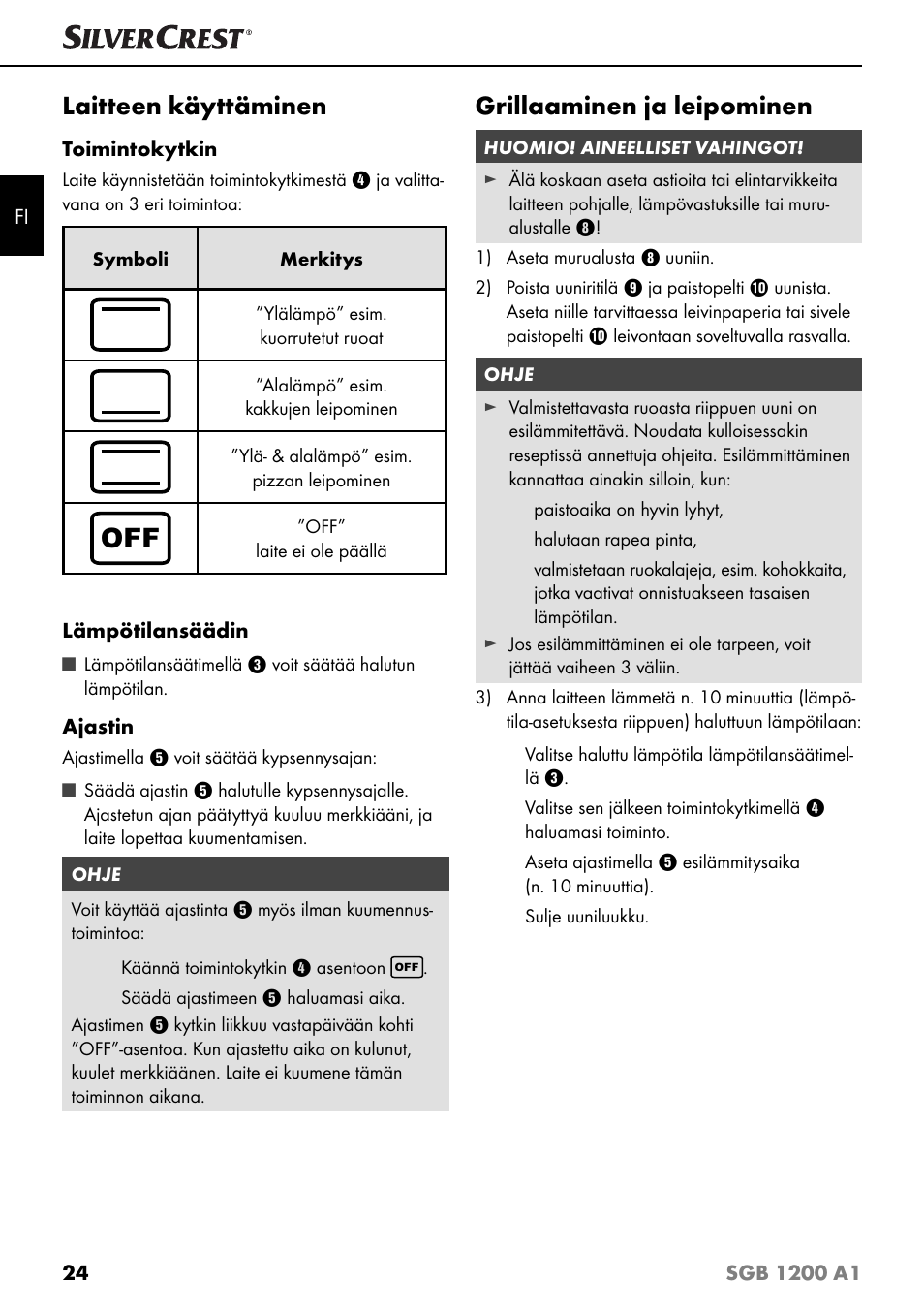Laitteen käyttäminen, Grillaaminen ja leipominen | Silvercrest SGB 1200 A1 User Manual | Page 27 / 99