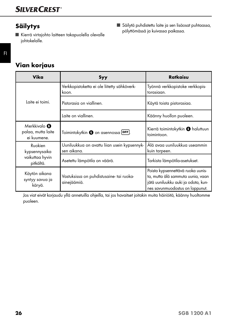 Säilytys, Vian korjaus | Silvercrest SGB 1200 A1 User Manual | Page 29 / 99