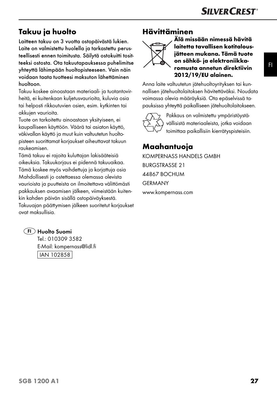 Takuu ja huolto, Hävittäminen, Maahantuoja | Silvercrest SGB 1200 A1 User Manual | Page 30 / 99