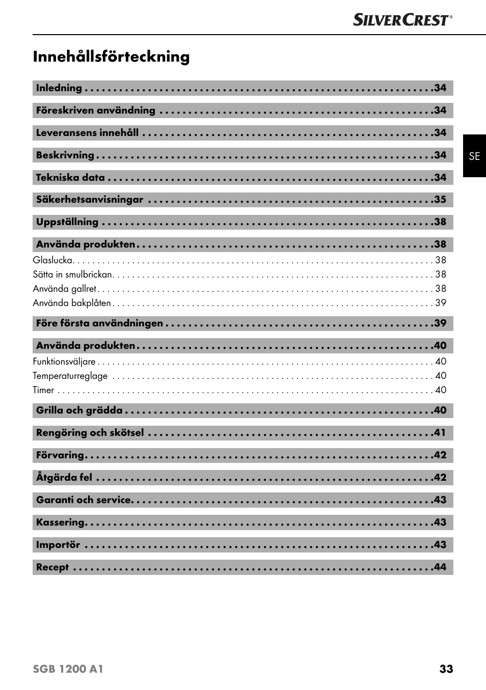 Innehållsförteckning | Silvercrest SGB 1200 A1 User Manual | Page 36 / 99