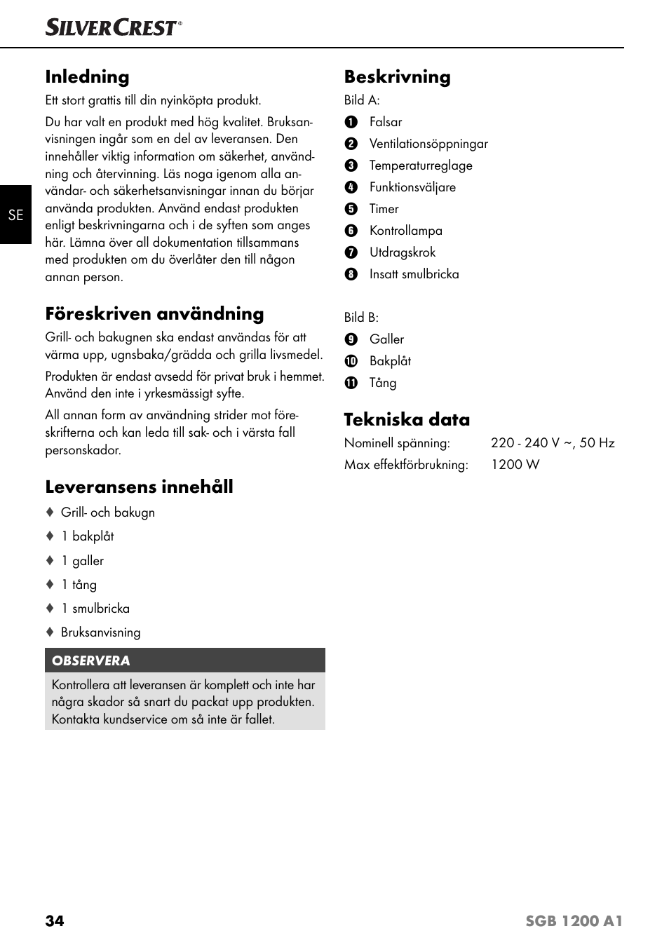 Inledning, Föreskriven användning, Leveransens innehåll | Beskrivning, Tekniska data | Silvercrest SGB 1200 A1 User Manual | Page 37 / 99