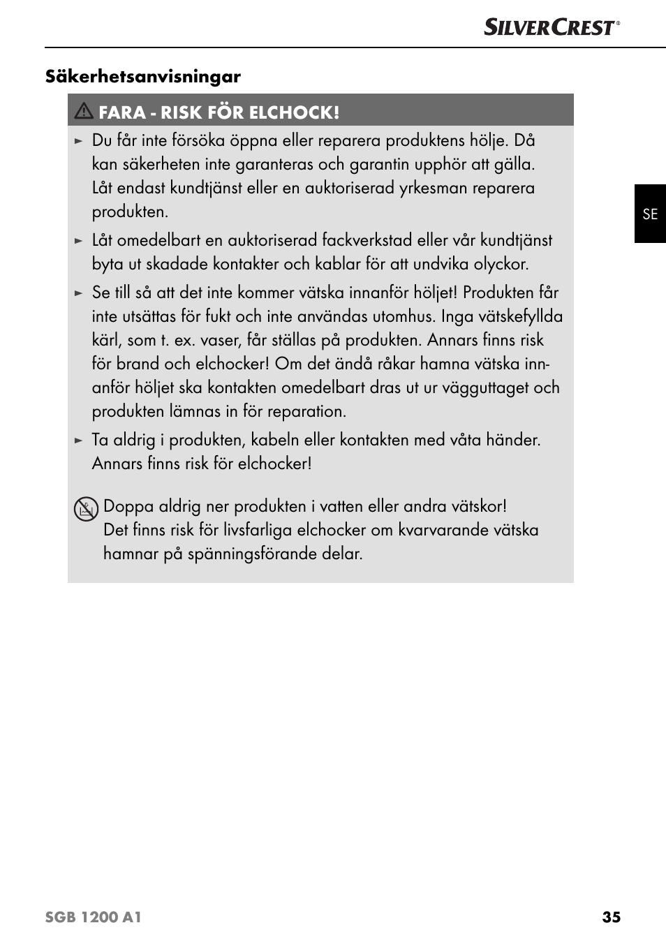 Säkerhetsanvisningar fara - risk för elchock | Silvercrest SGB 1200 A1 User Manual | Page 38 / 99