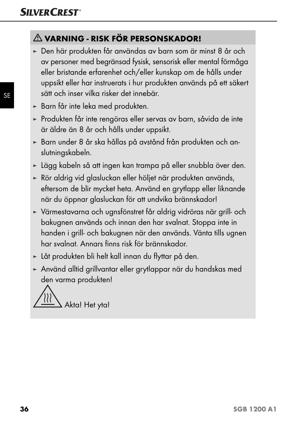 Varning - risk för personskador, Barn får inte leka med produkten | Silvercrest SGB 1200 A1 User Manual | Page 39 / 99