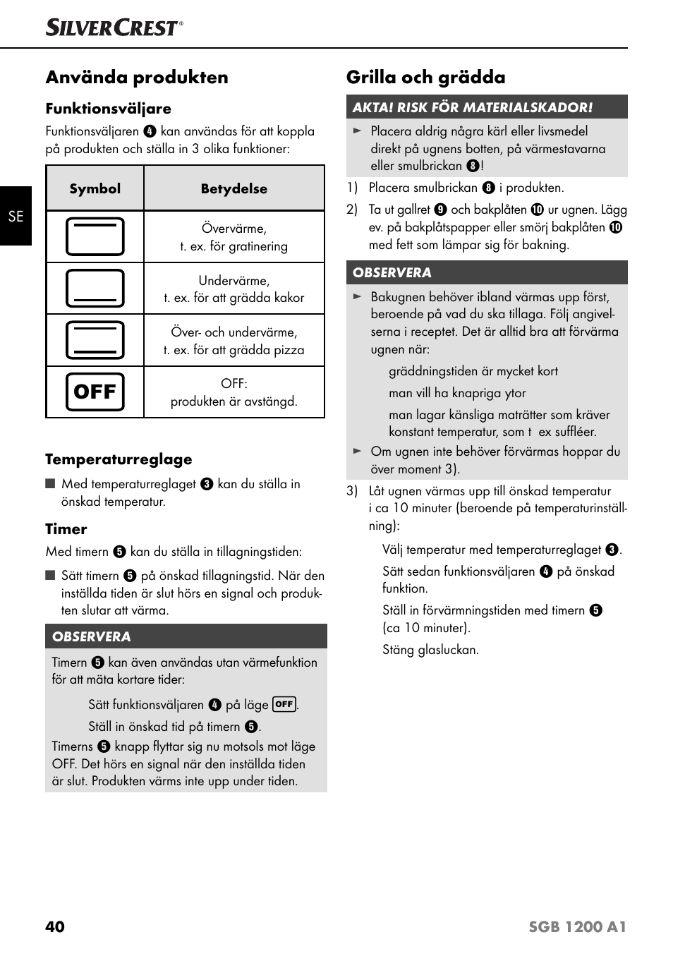 Använda produkten, Grilla och grädda | Silvercrest SGB 1200 A1 User Manual | Page 43 / 99