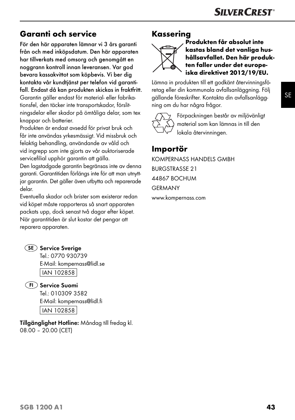 Garanti och service, Kassering, Importör | Silvercrest SGB 1200 A1 User Manual | Page 46 / 99