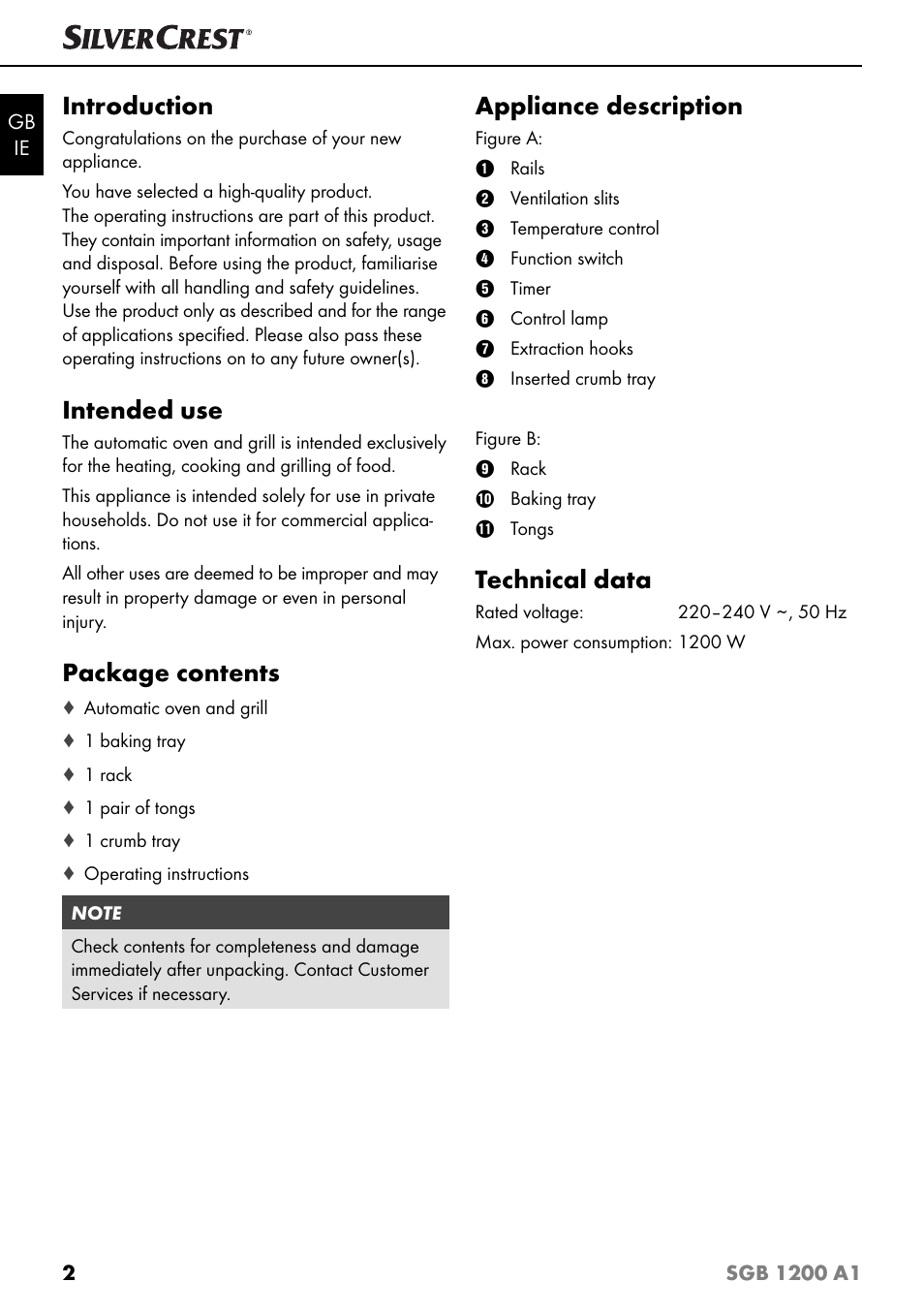Introduction, Intended use, Package contents | Appliance description, Technical data | Silvercrest SGB 1200 A1 User Manual | Page 5 / 99