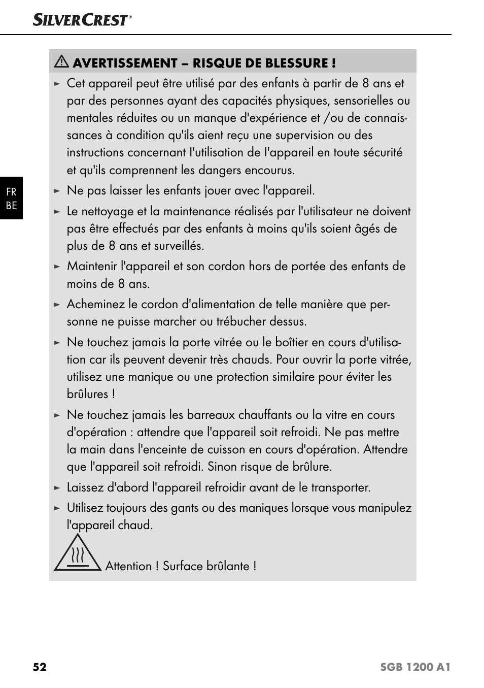 Avertissement – risque de blessure, Ne pas laisser les enfants jouer avec l'appareil | Silvercrest SGB 1200 A1 User Manual | Page 55 / 99