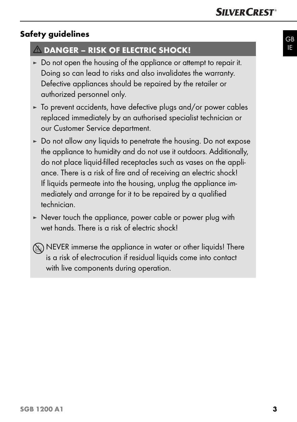 Safety guidelines danger – risk of electric shock | Silvercrest SGB 1200 A1 User Manual | Page 6 / 99