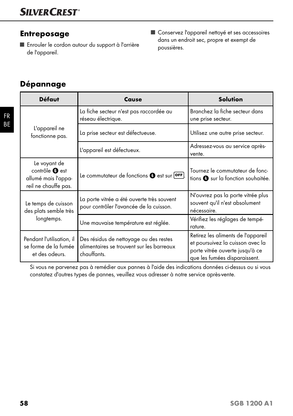 Entreposage, Dépannage | Silvercrest SGB 1200 A1 User Manual | Page 61 / 99