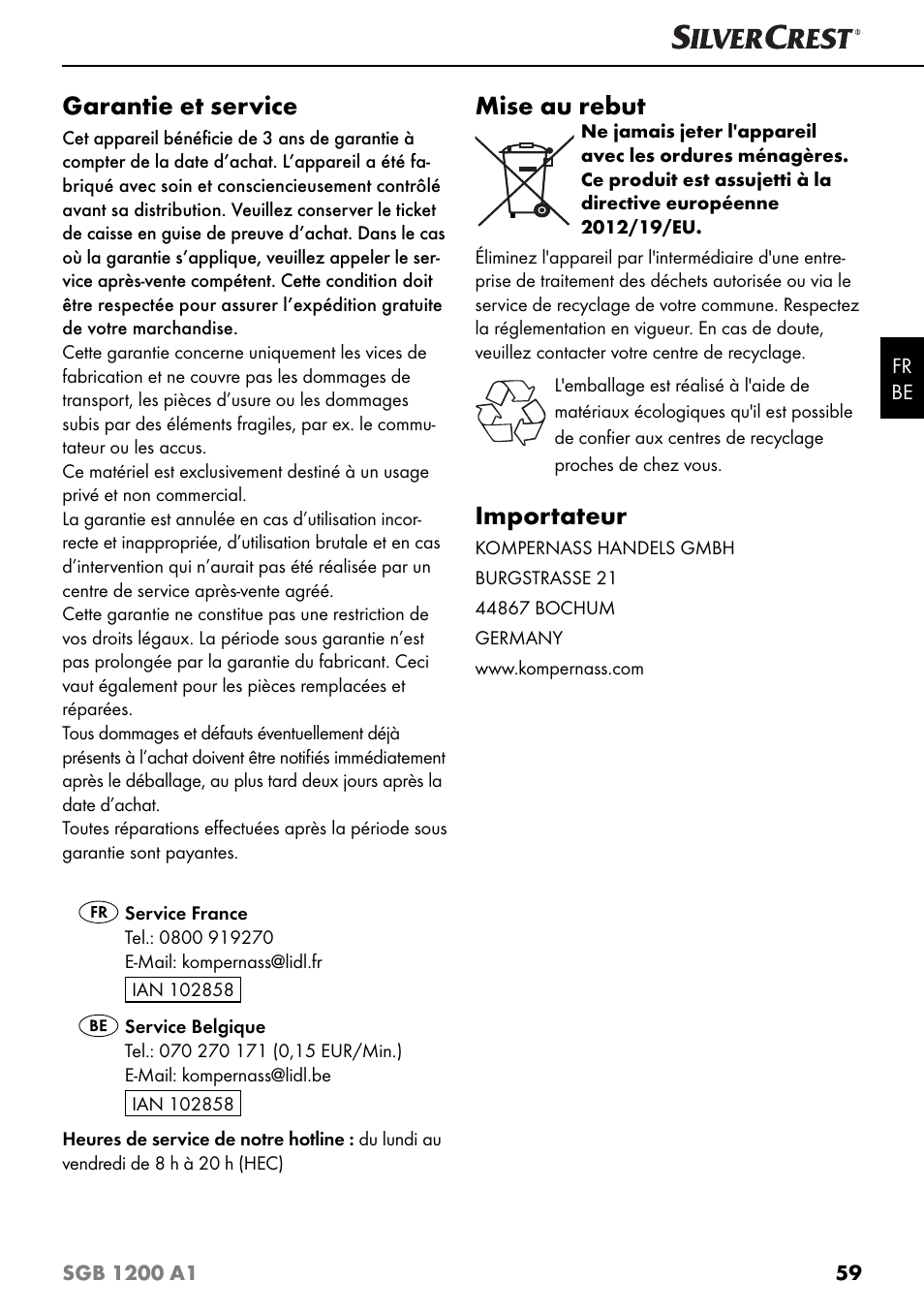 Garantie et service, Mise au rebut, Importateur | Silvercrest SGB 1200 A1 User Manual | Page 62 / 99