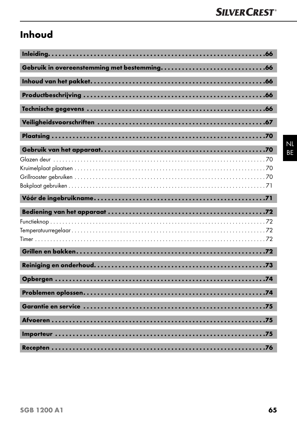 Inhoud | Silvercrest SGB 1200 A1 User Manual | Page 68 / 99
