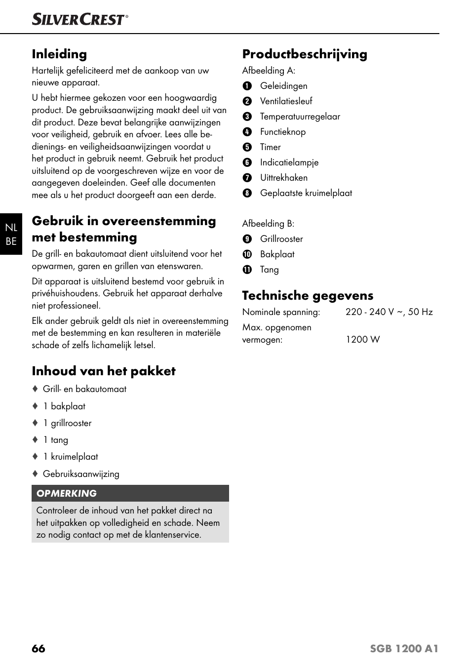 Inleiding, Gebruik in overeenstemming met bestemming, Inhoud van het pakket | Productbeschrijving, Technische gegevens | Silvercrest SGB 1200 A1 User Manual | Page 69 / 99